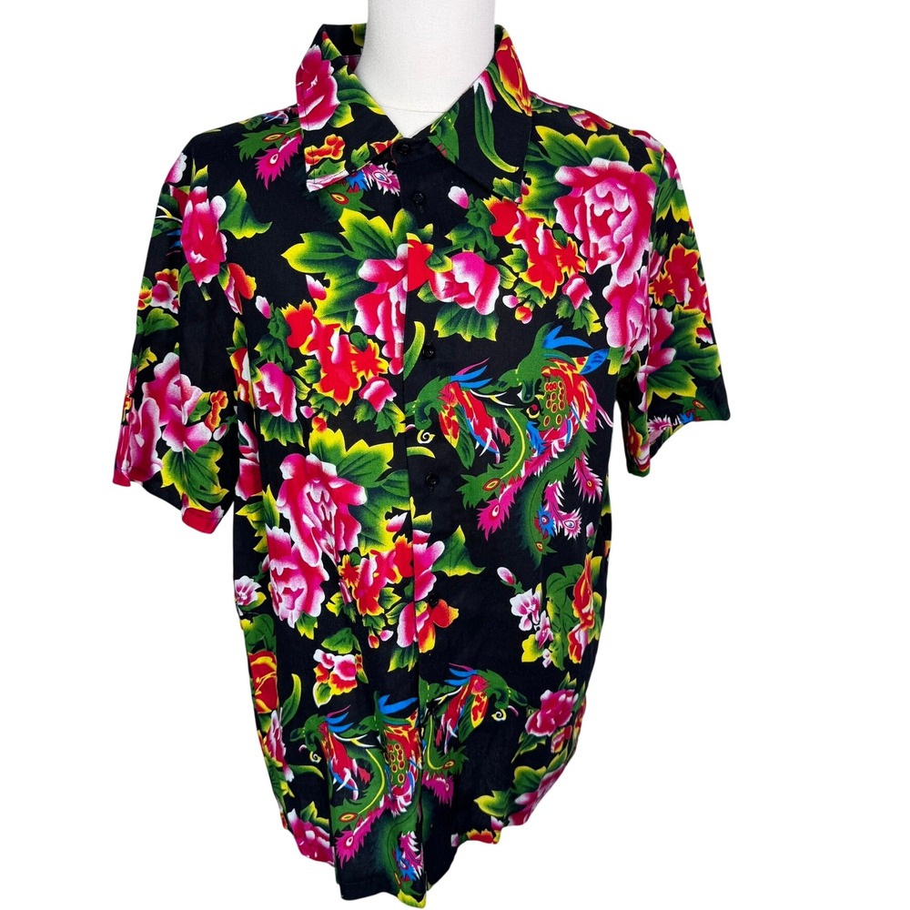 GOONIES Men's Large Black Dragon Floral Button Down Short‎ Sleeve Chunk Shirt